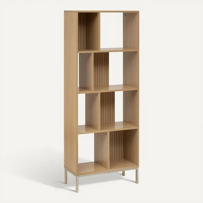 **Technische titel in het Nederlands: Moderne houten boekenplank met open compartimenten**