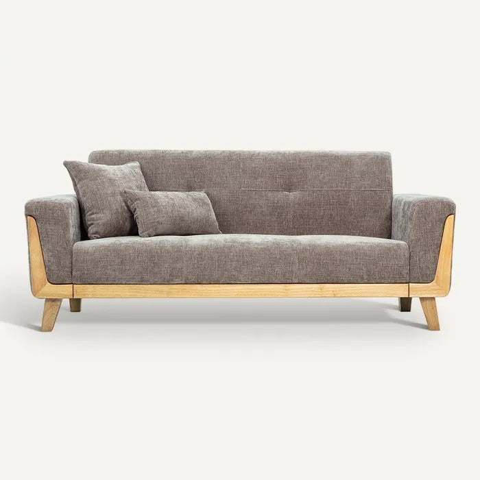 **Moderne bank met houten frame en grijze stof**