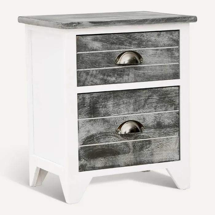 **Technische titel in het Nederlands: Houten nachtkastje met dubbele lade en metalen handgrepen**